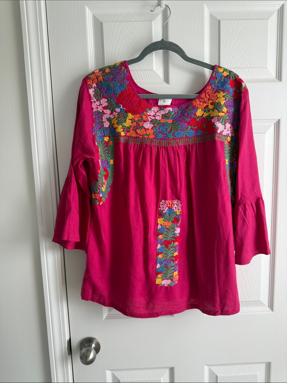 Embroidered Fuchsia Floral Peasant Blouse